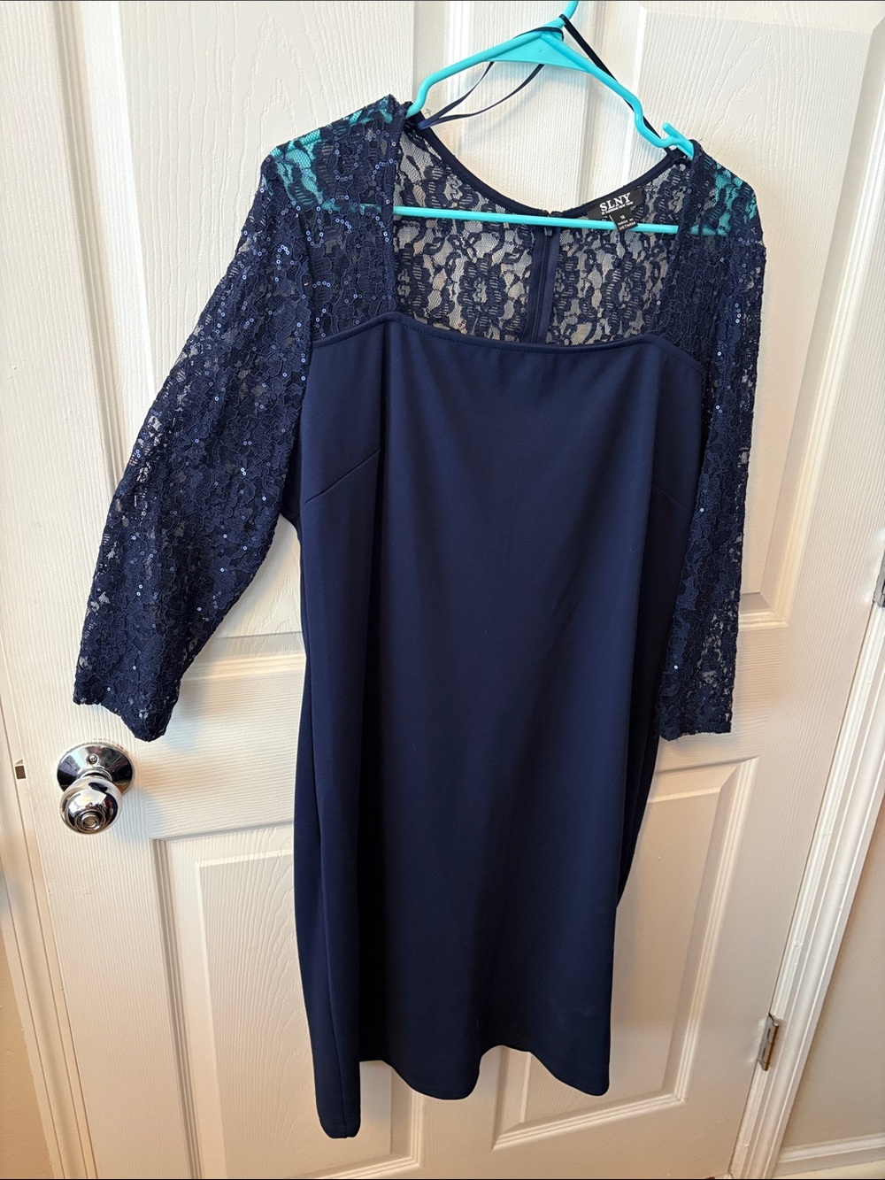 SLNY Navy Lace-Yoke Long Sleeve Dress